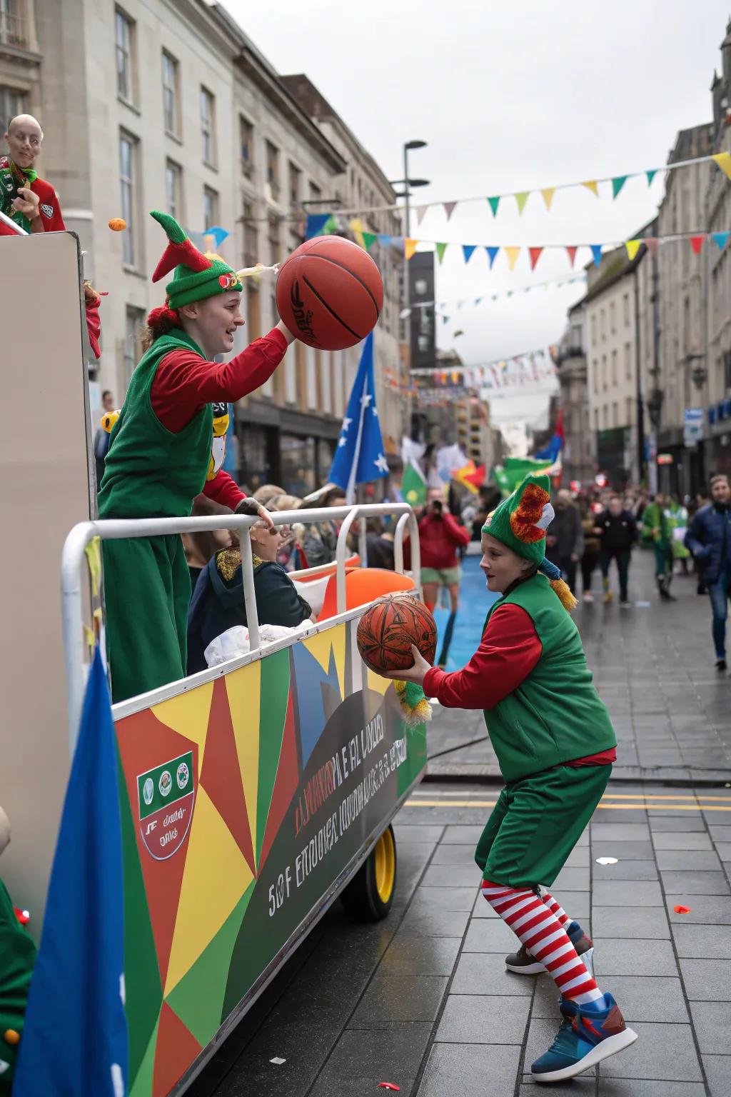 Elves actively involved in a sports-themed holiday setup.