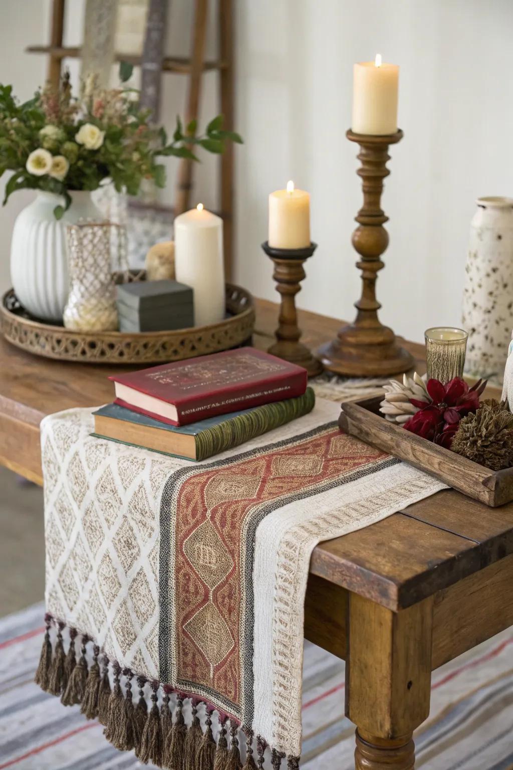 Layered fabrics adding warmth and texture to a side table.