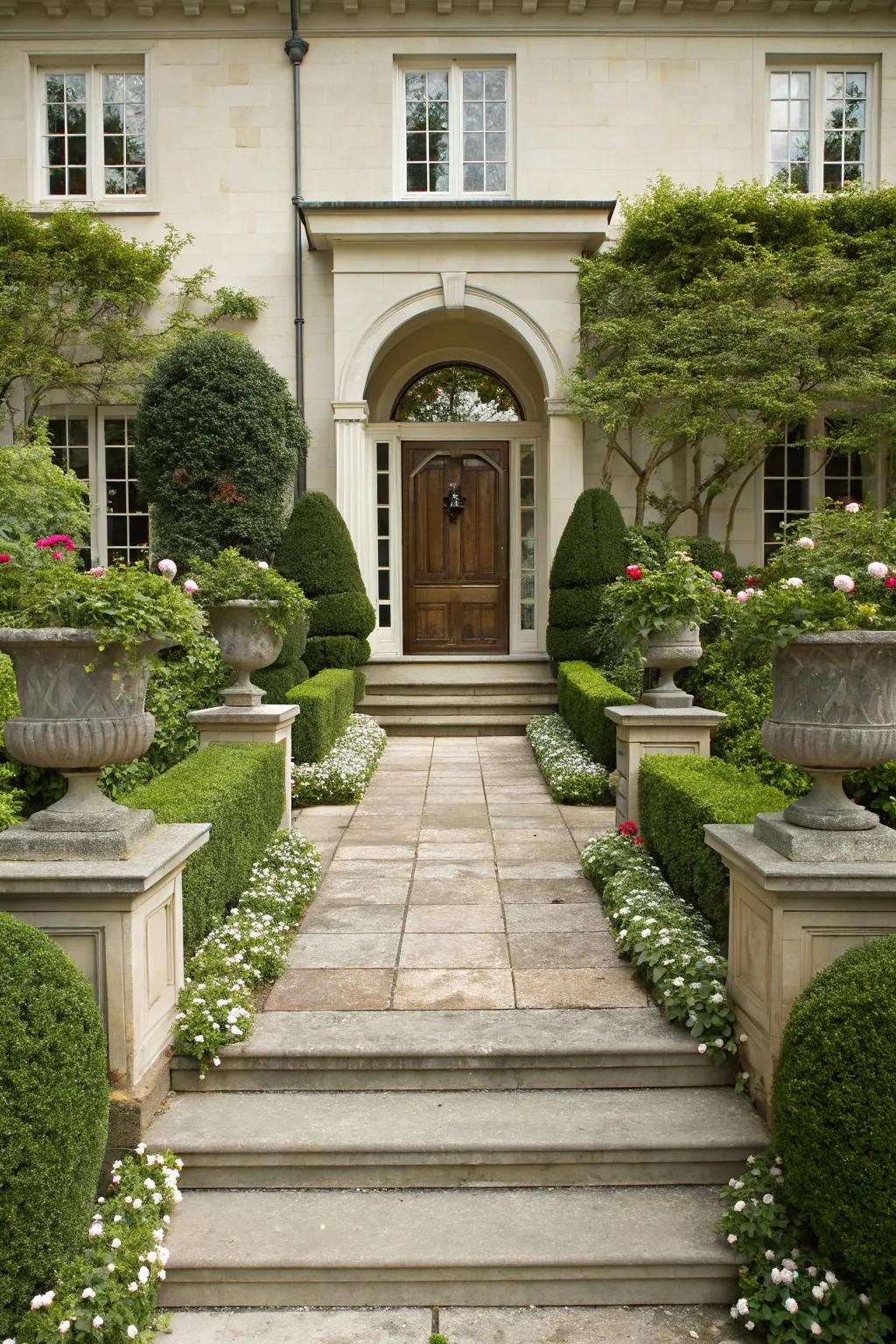 Symmetrical garden design frames the entryway beautifully.