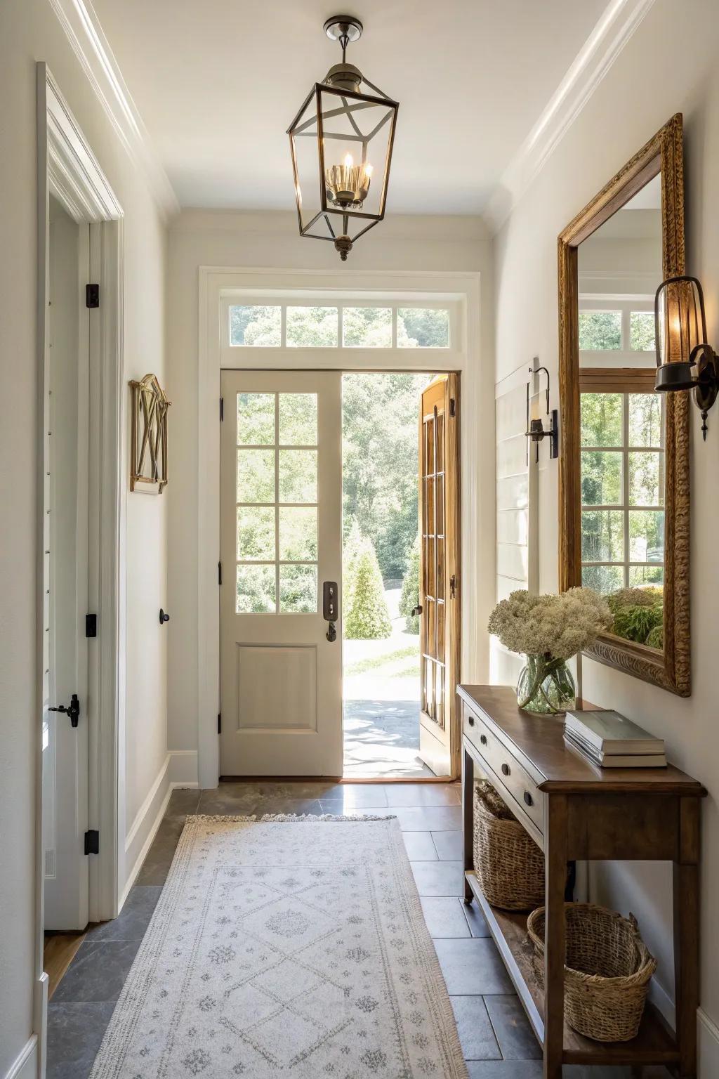 A mirror placed across from a window amplifies natural light and enhances the entryway's ambiance.