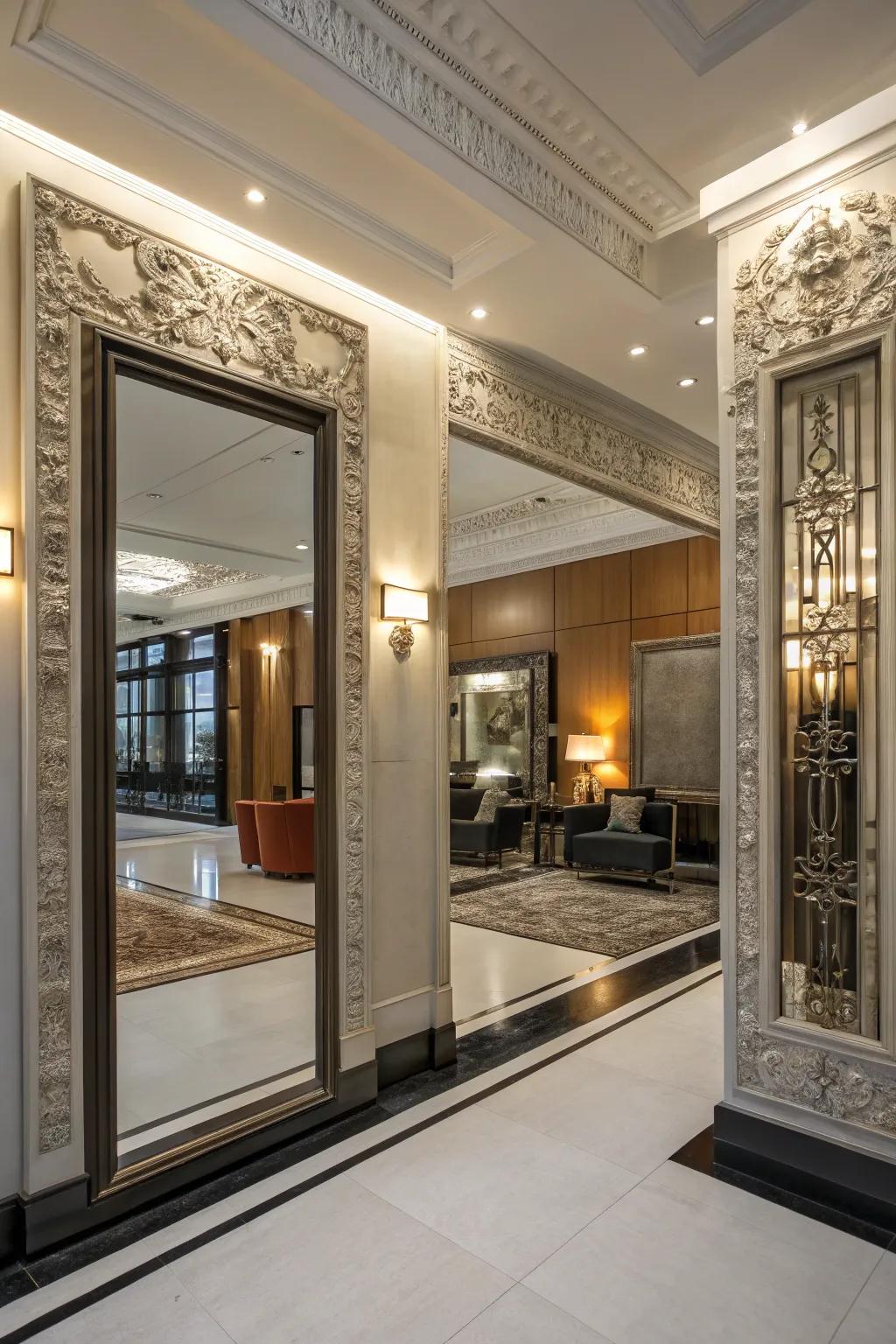 Mirrors and molding together create a sense of openness.
