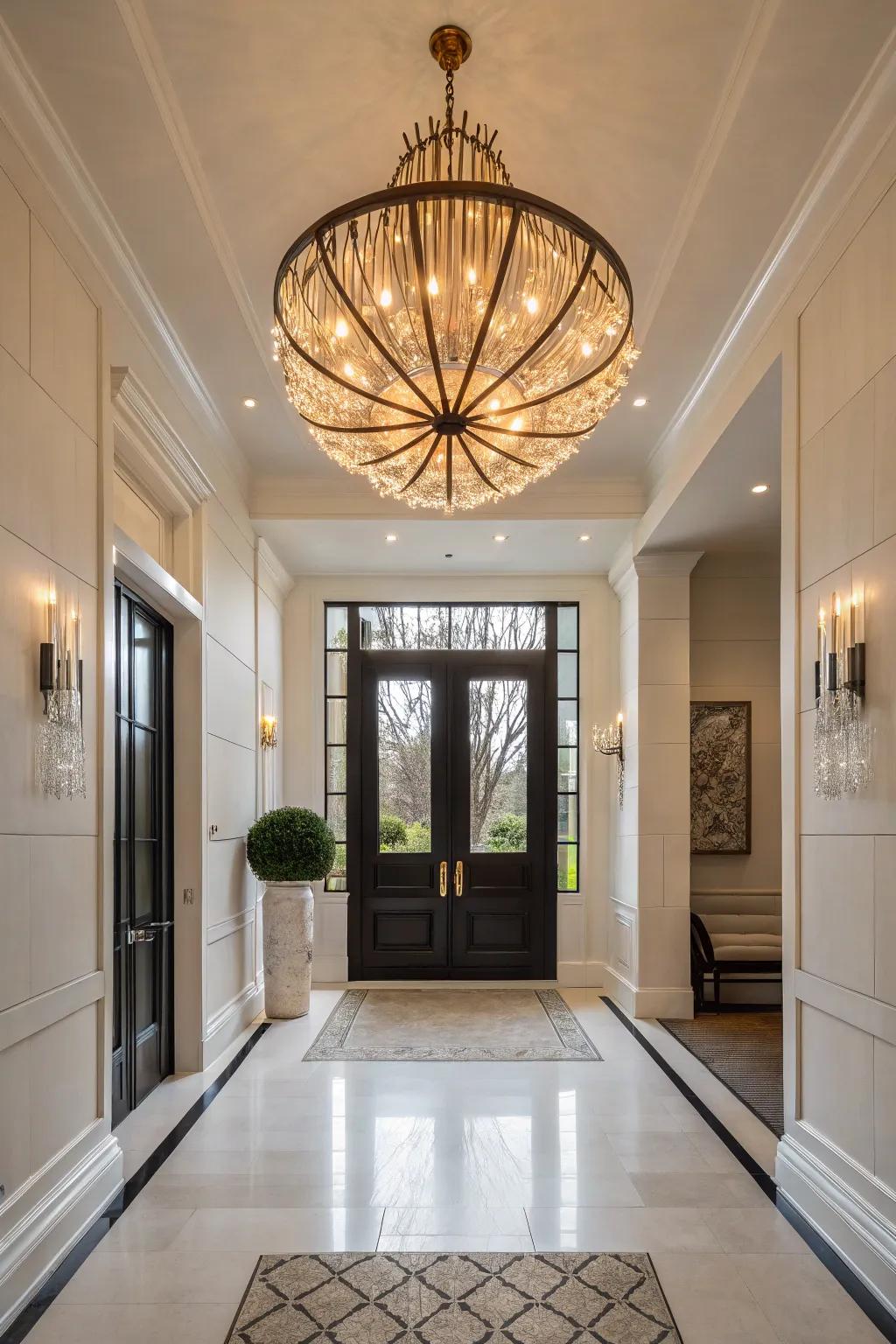 An entryway featuring an oversized sculptural light fixture to cultivate a striking impression.