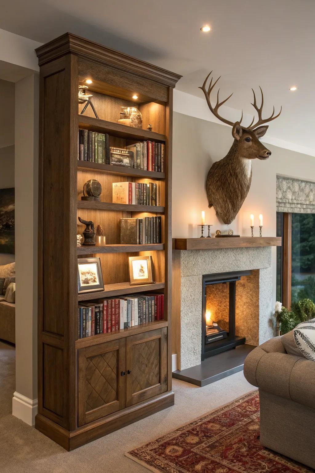 A surprising mount placement within a set of shelves.
