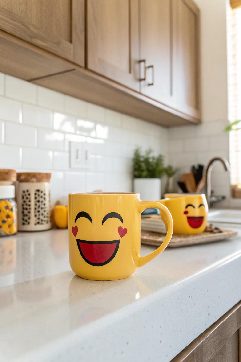 An emoji facial mug that incorporates a playful touch to your coffee routine.