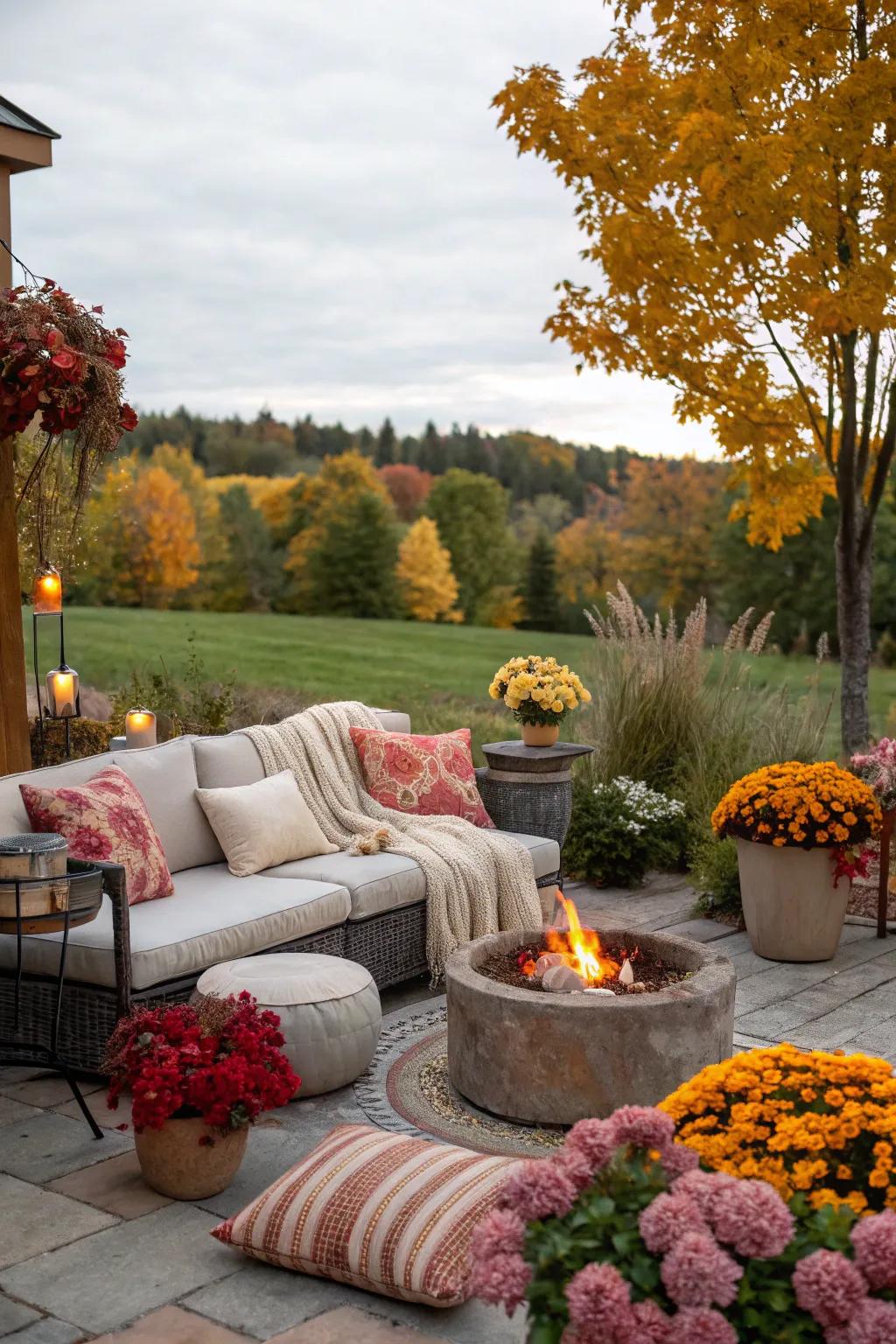 An outdoor garden oasis with cozy seating for crisp autumn nights.