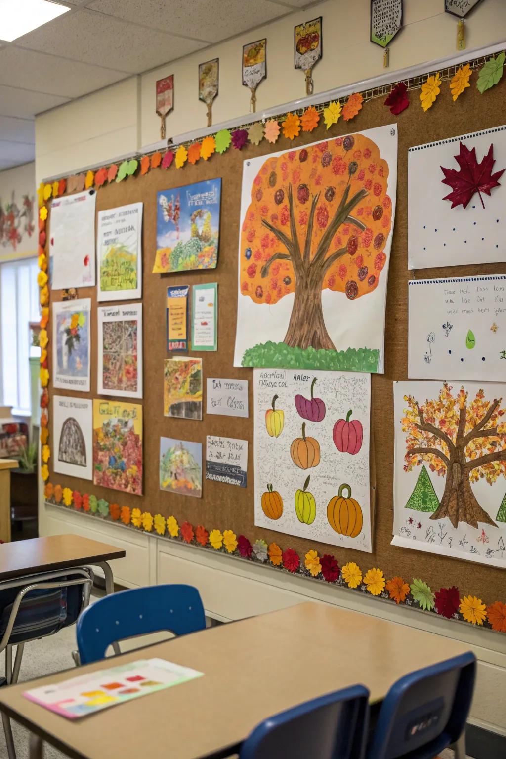 A collaborative autumnal-themed display board showcasing learner artistry.