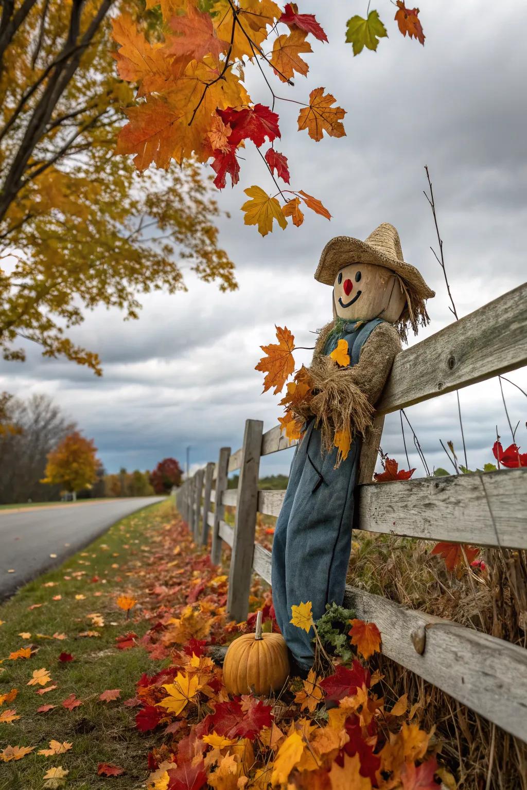 A convivial scarecrow injects whimsy into the fence.