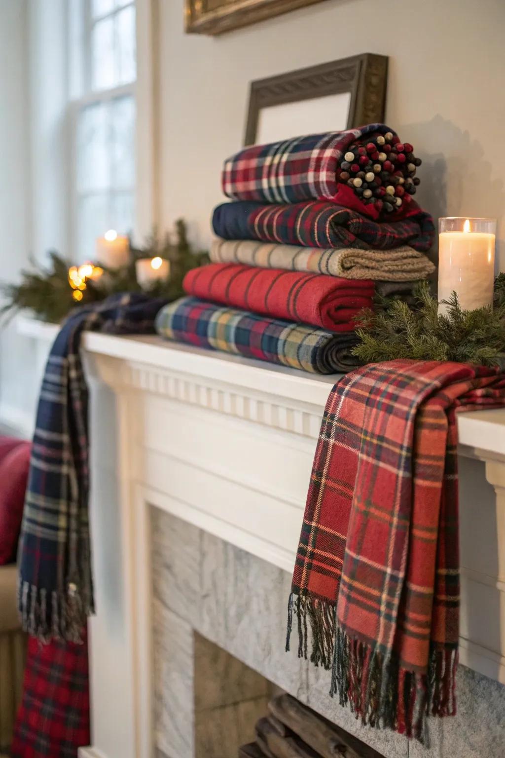 A snug autumnal fireplace with gingham textiles.
