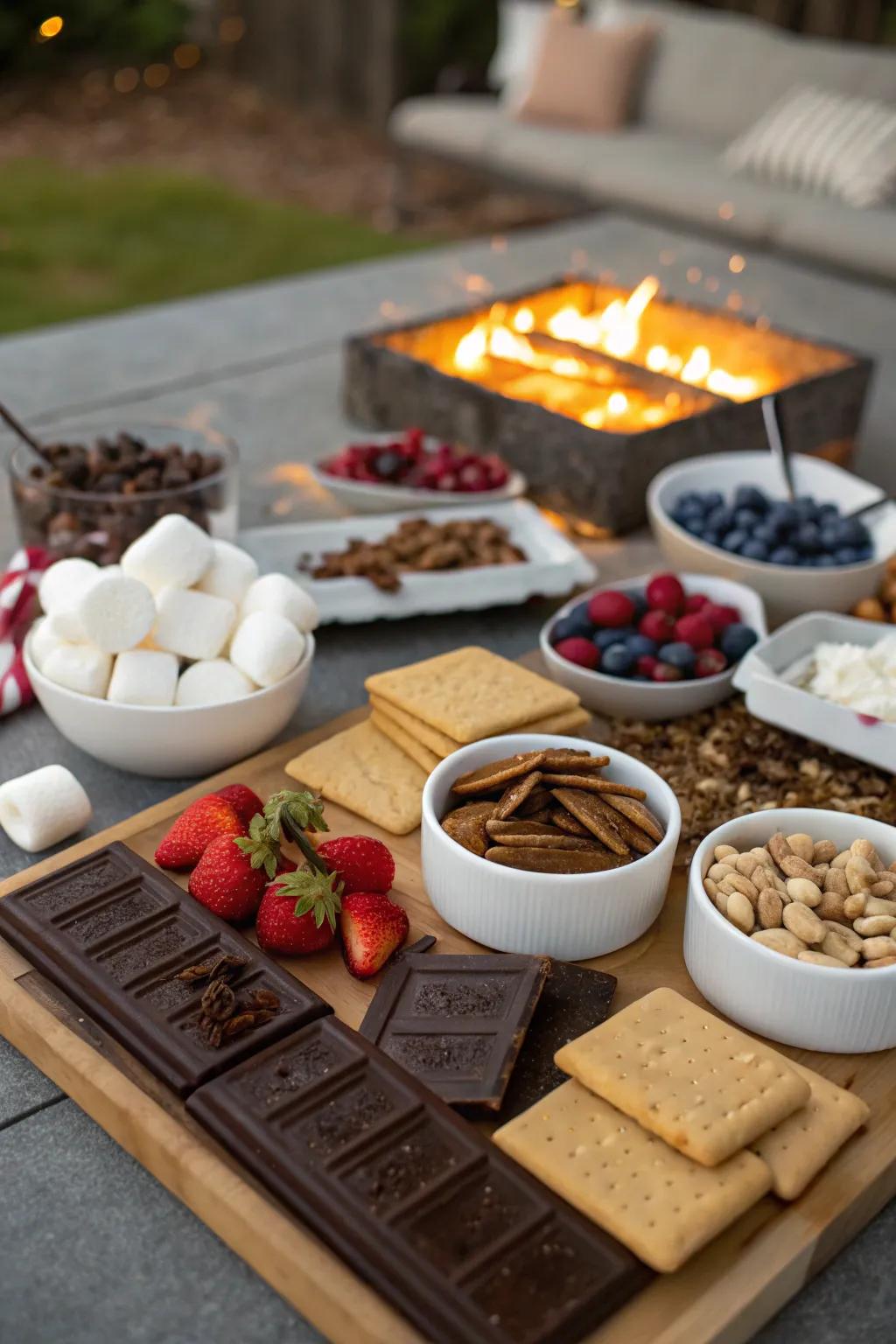An attractive gourmet s'mores bar with endless possibilities.