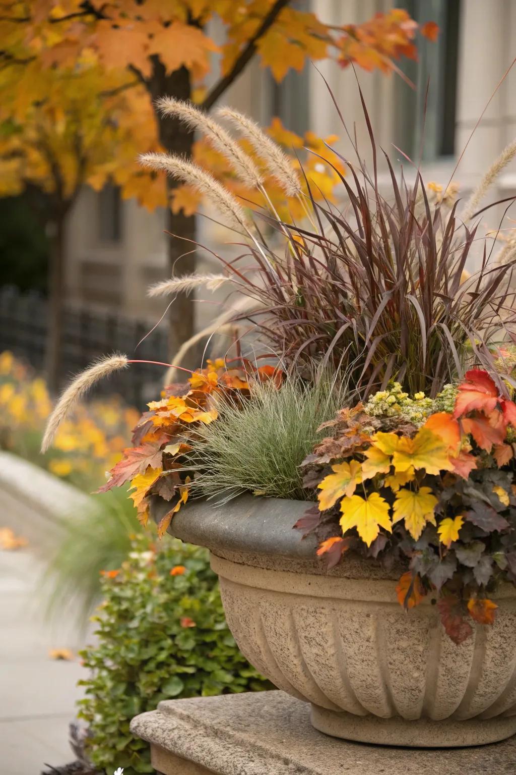 An assortment of feels enriches the visual and tactile appeal of your autumn planters.