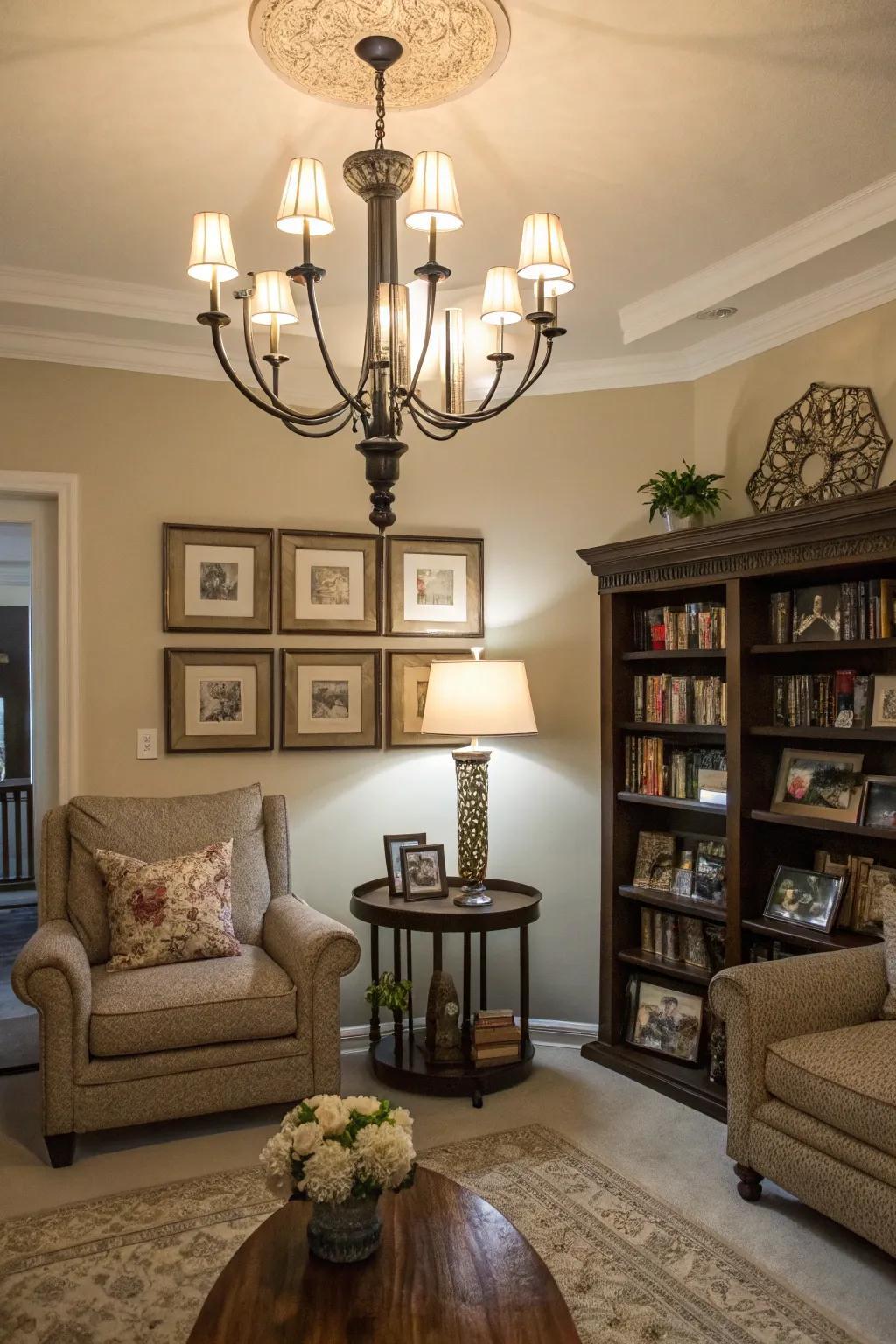 A family room beautifully illuminated with layered illumination sources.