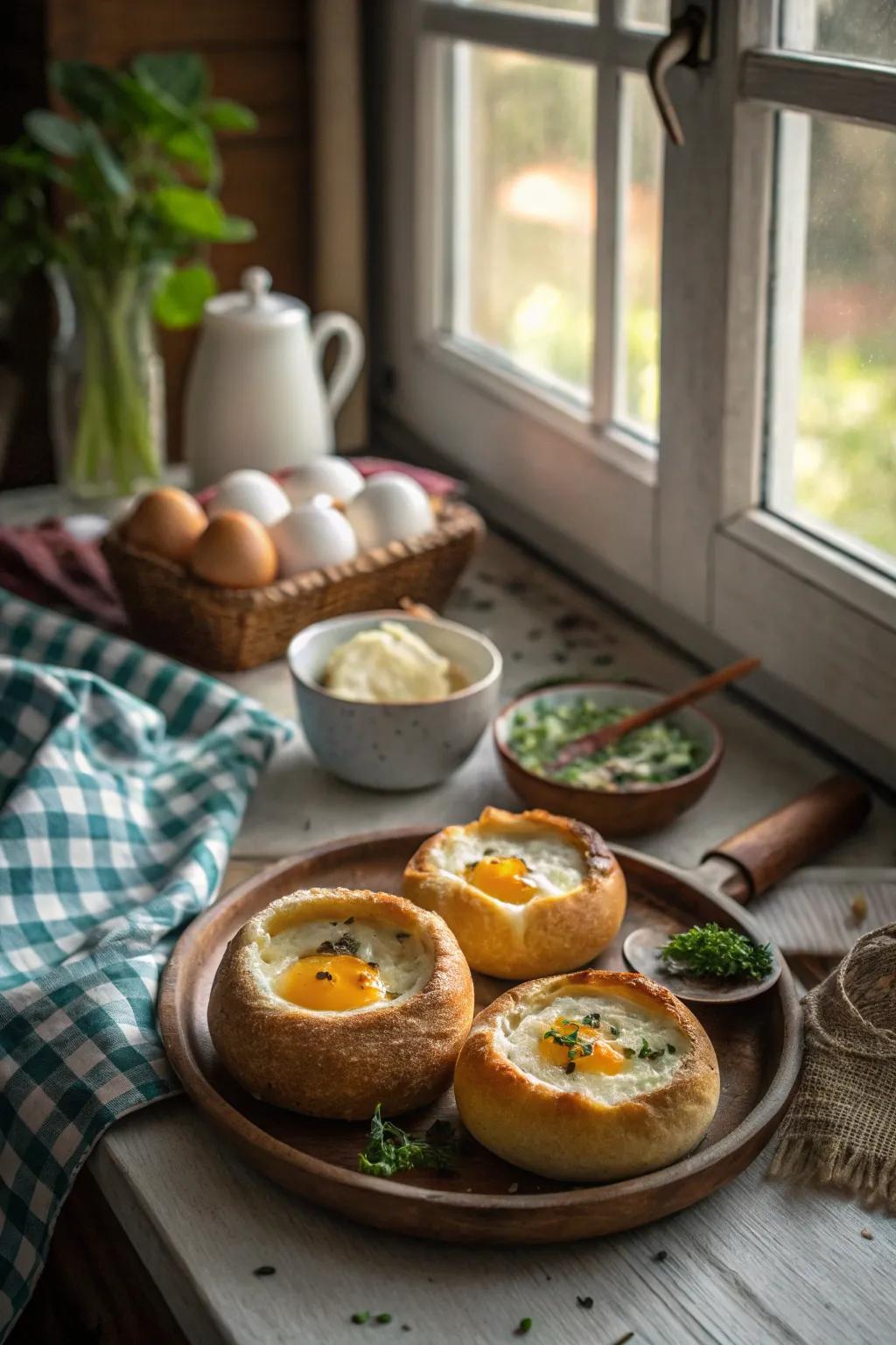 Eggs served in bread bowls offer an inviting and personal breakfast experience.
