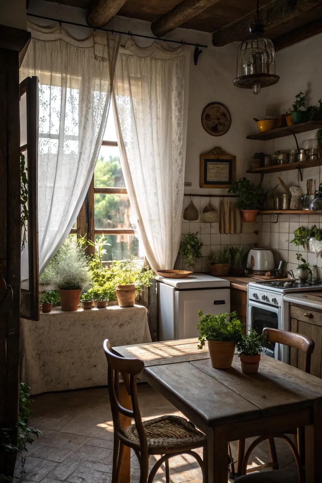 Quaint cafe coverings elevating the pastoral charm of a countryside cookhouse.