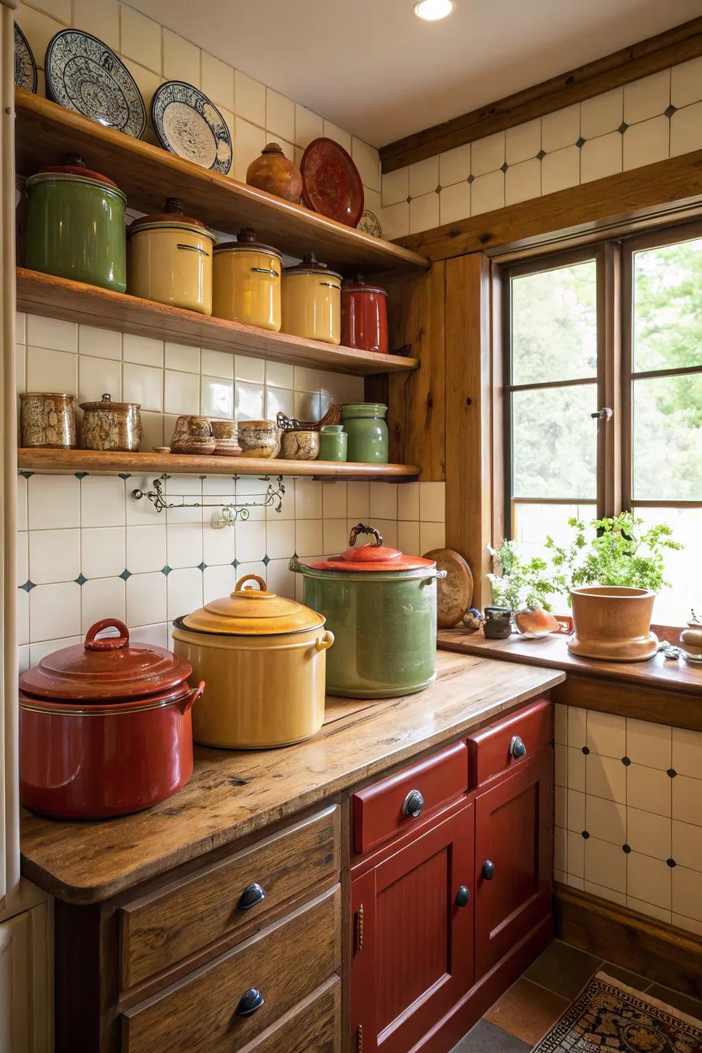 Antique crocks infusing nostalgic charm to the kitchen.