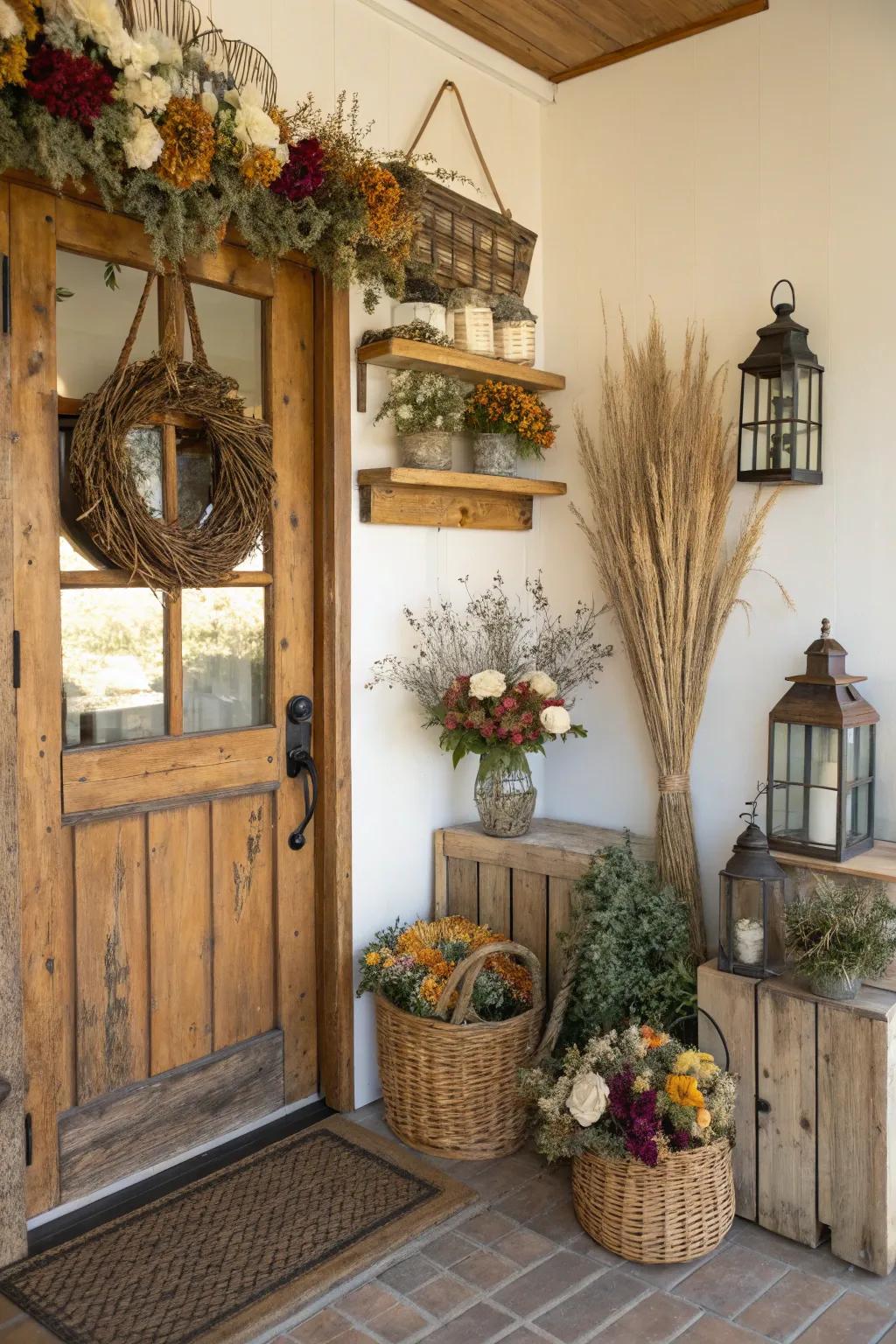An elegant farmhouse entryway featuring dried flower arrangements.