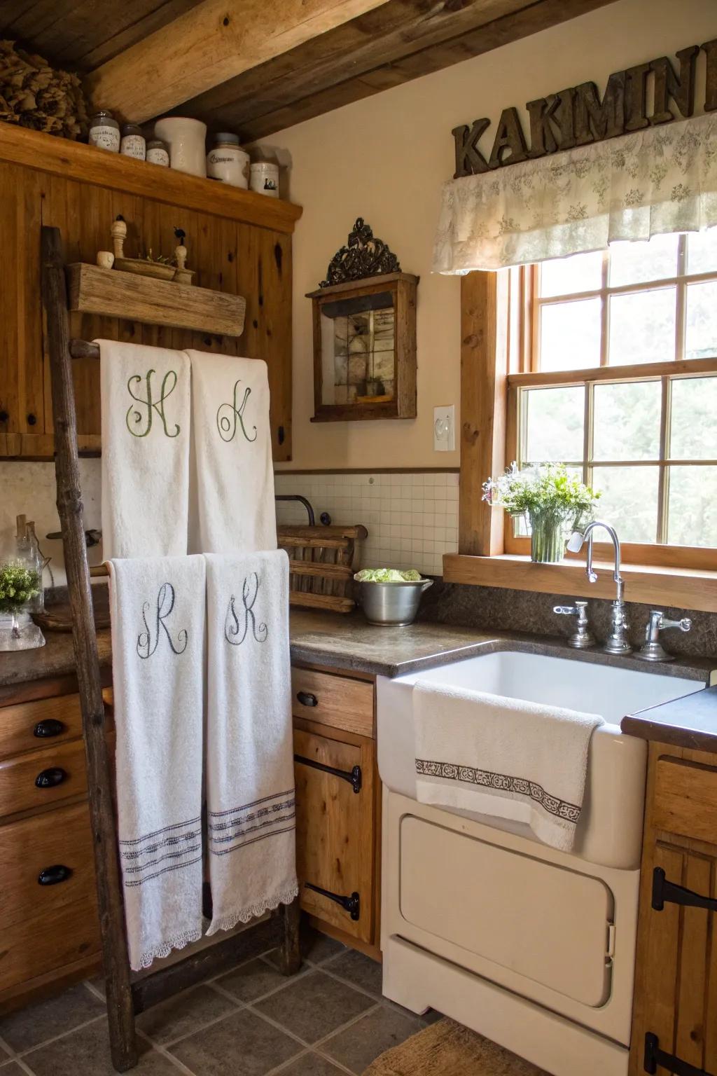 Personalized touches making a country-style cooking space uniquely welcoming.