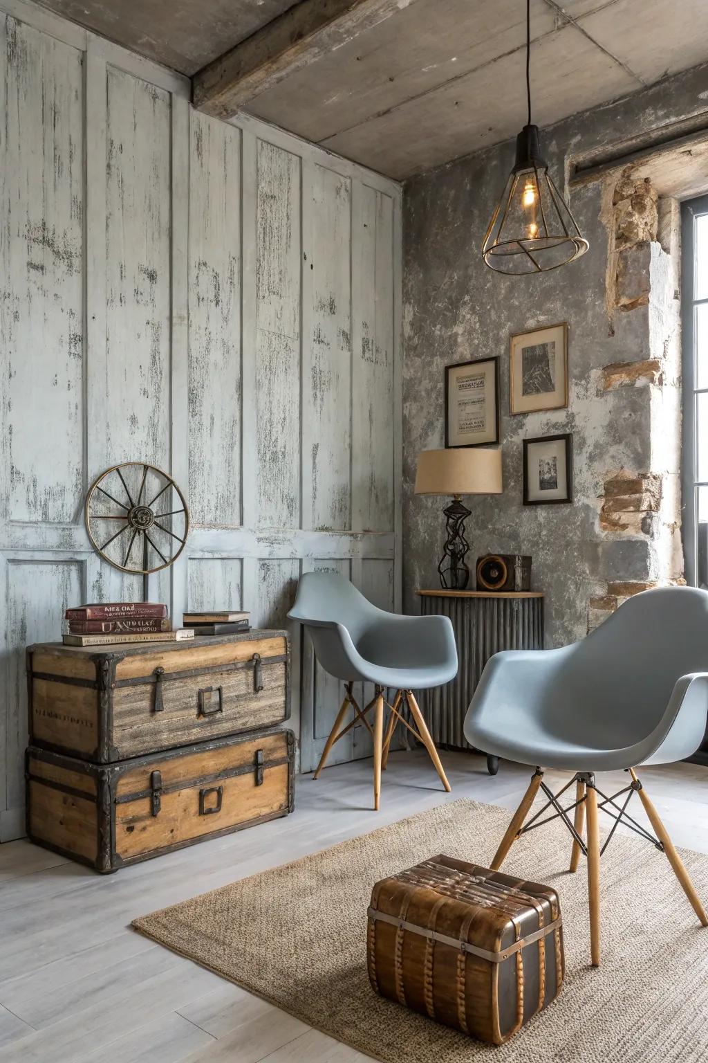 Weathered gray walls append countryside charm to this mixed-style room.