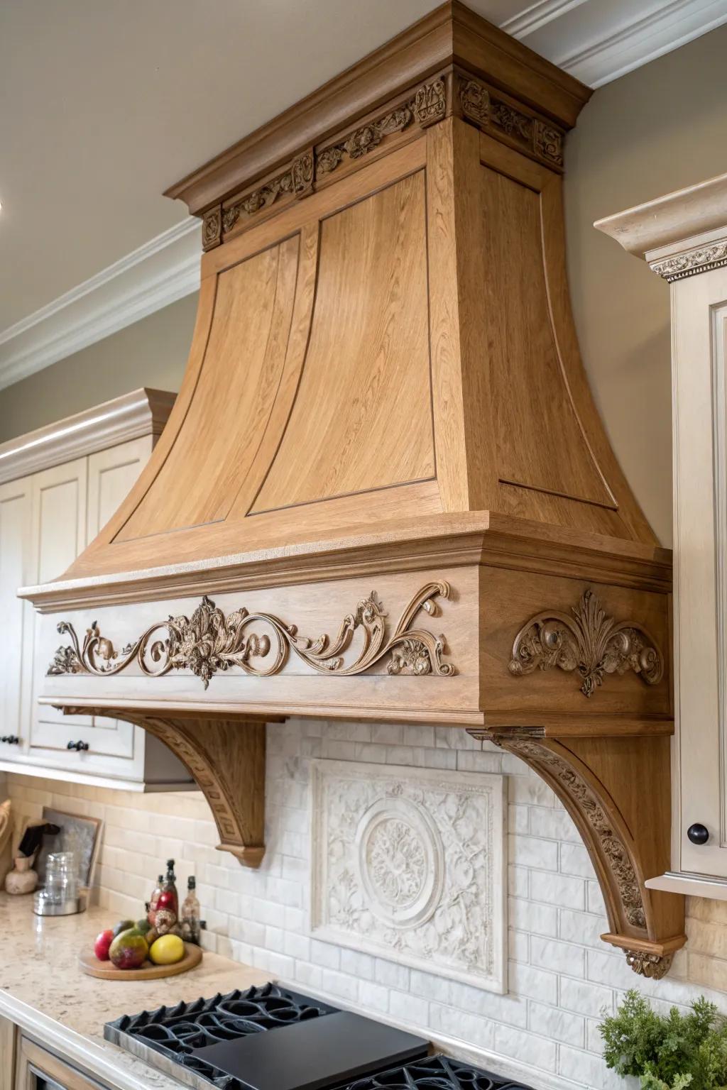 Decorative corbels integrate classic elegance to a vent hood.