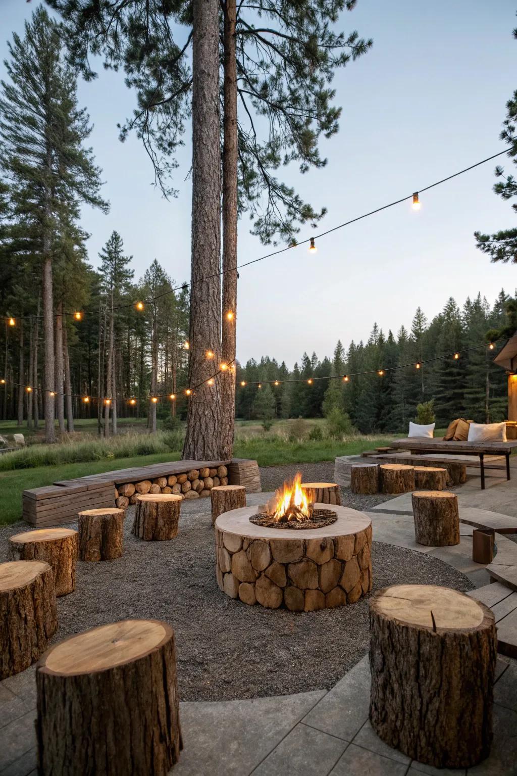 Tree stump seats add a whimsical, natural element to the fire pit space.