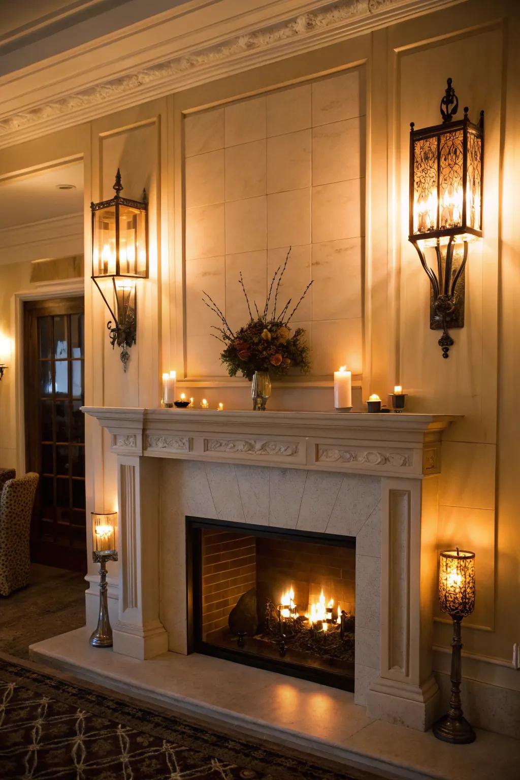 Layered illumination accentuates the beauty of the fireplace trim.