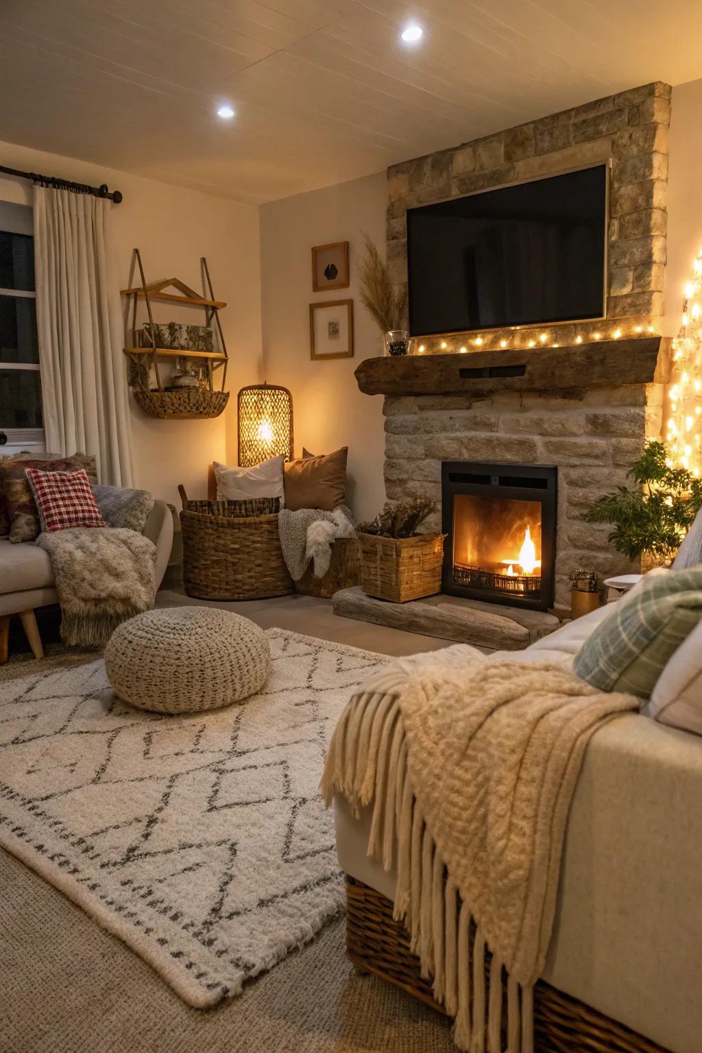 A cozy living area with mixed patterns around a fireplace and TV.