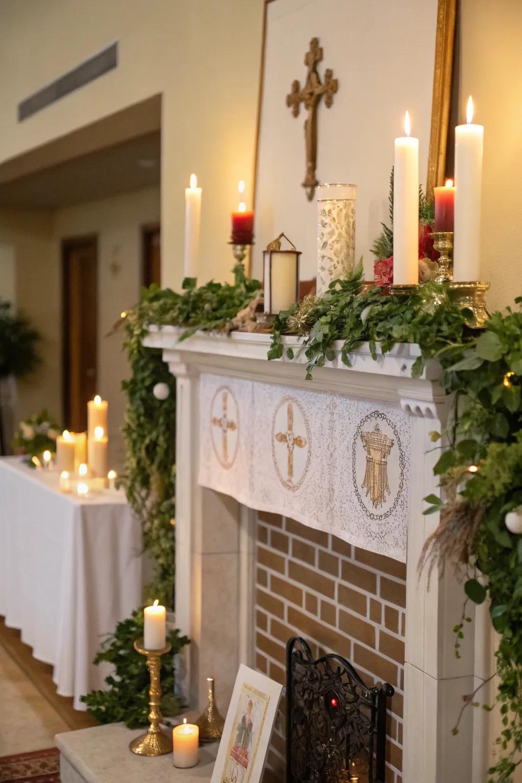 An embellished mantel appends a charming and thematic focal point to the chamber.