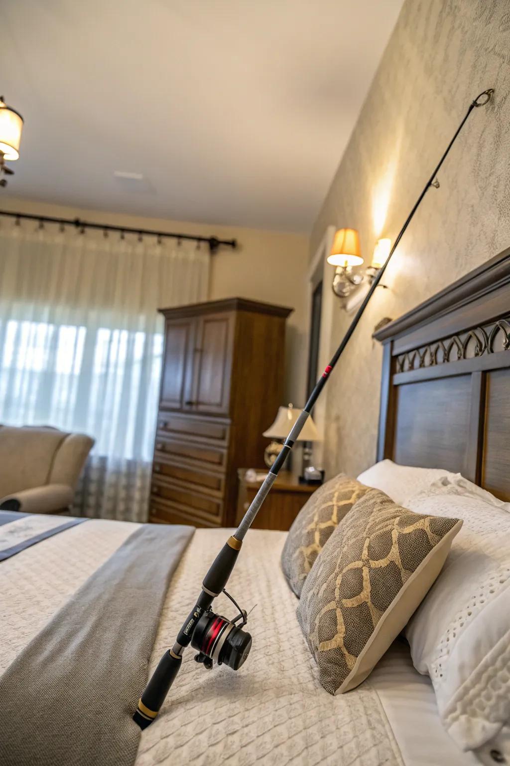 An angling tool headboard offers a distinctive and eclectic bedroom vibe.