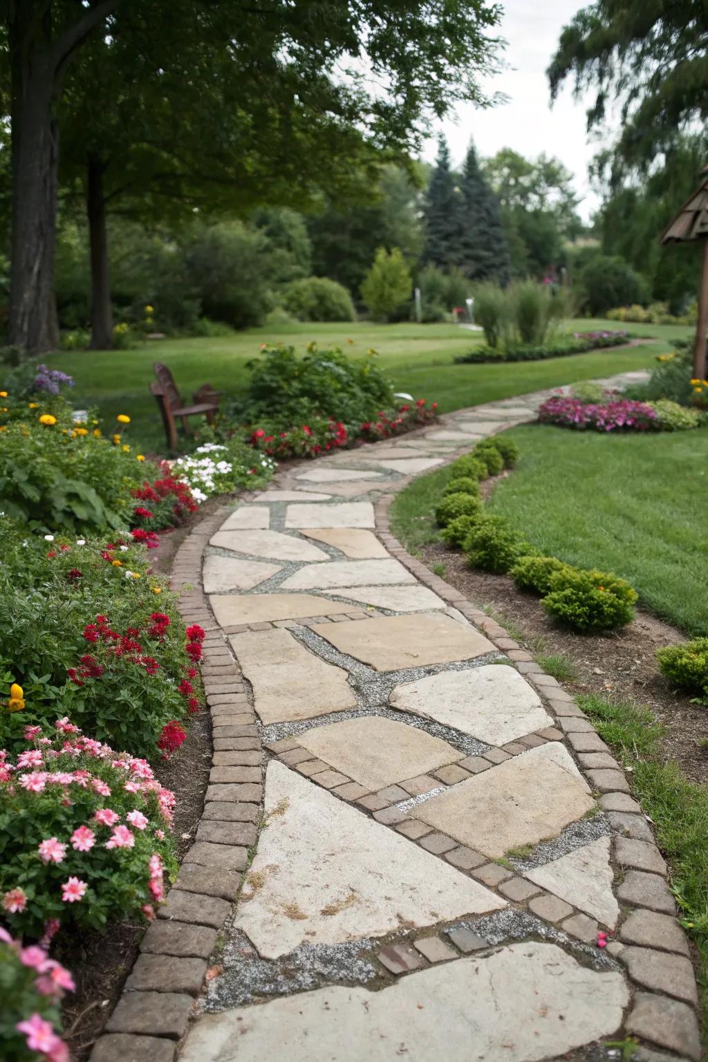 A stone path with inventive borders amplifying its visual allure.
