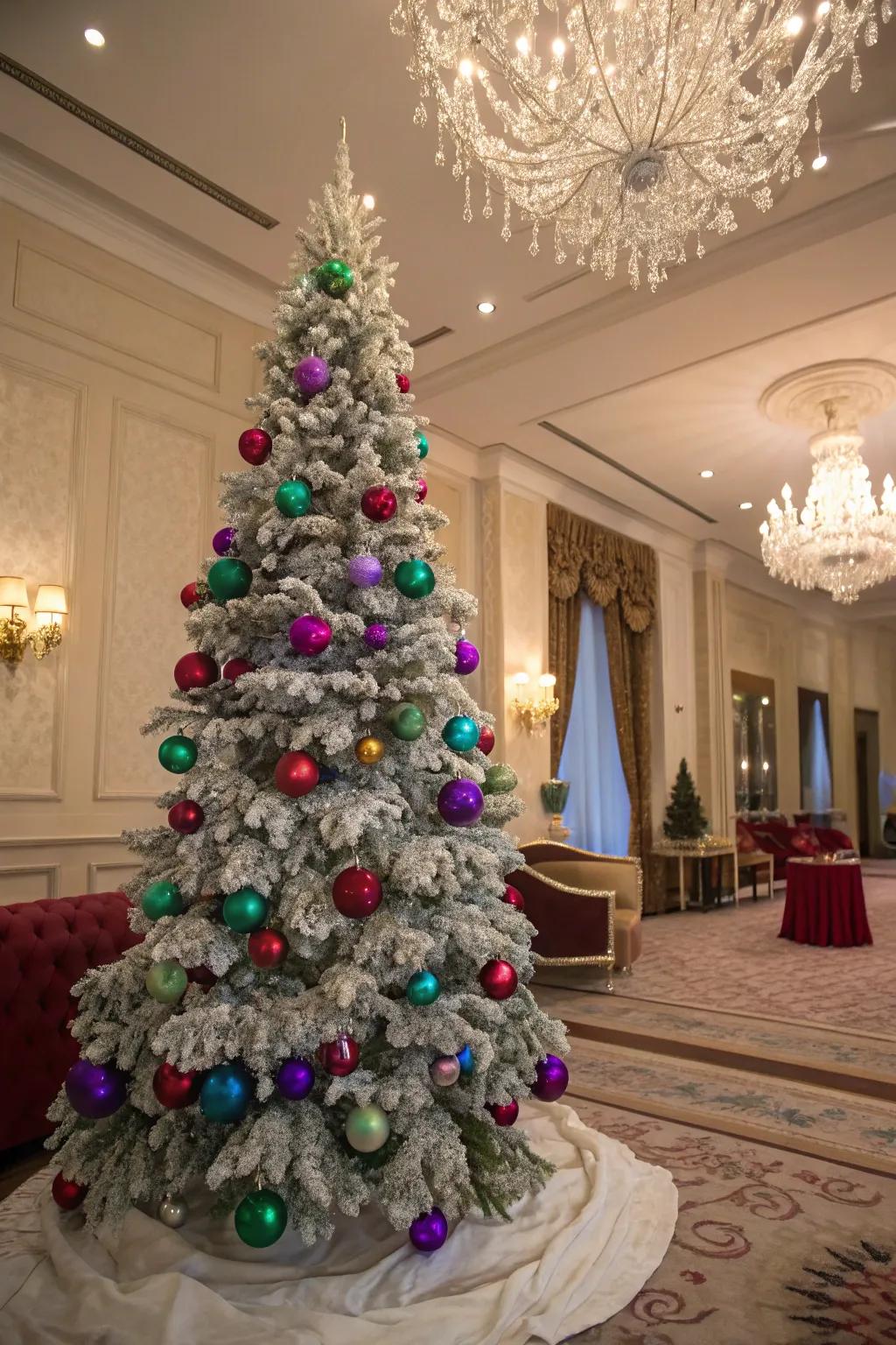 A gem hue-themed flocked Christmas tree.