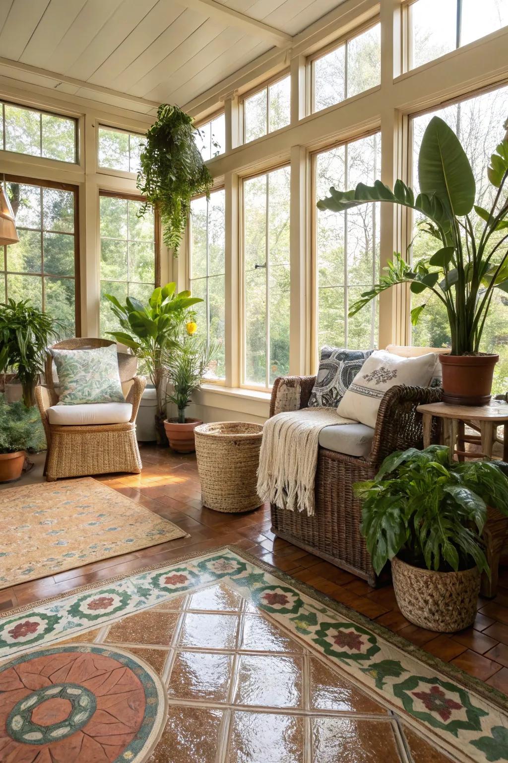 Green sunroom featuring flooring made from used materials.