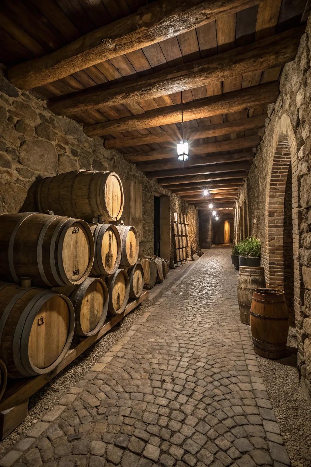 European allure portrayed by indoor paving-stone floors.