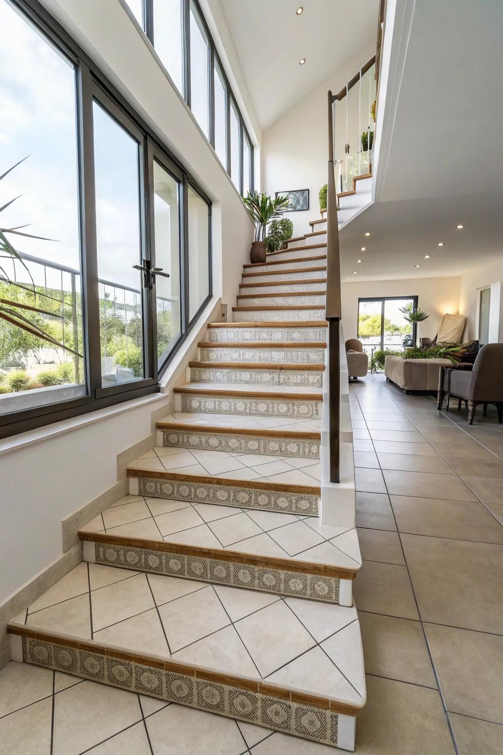 Ceramic tiles deliver sturdiness and design for heavily used staircases.