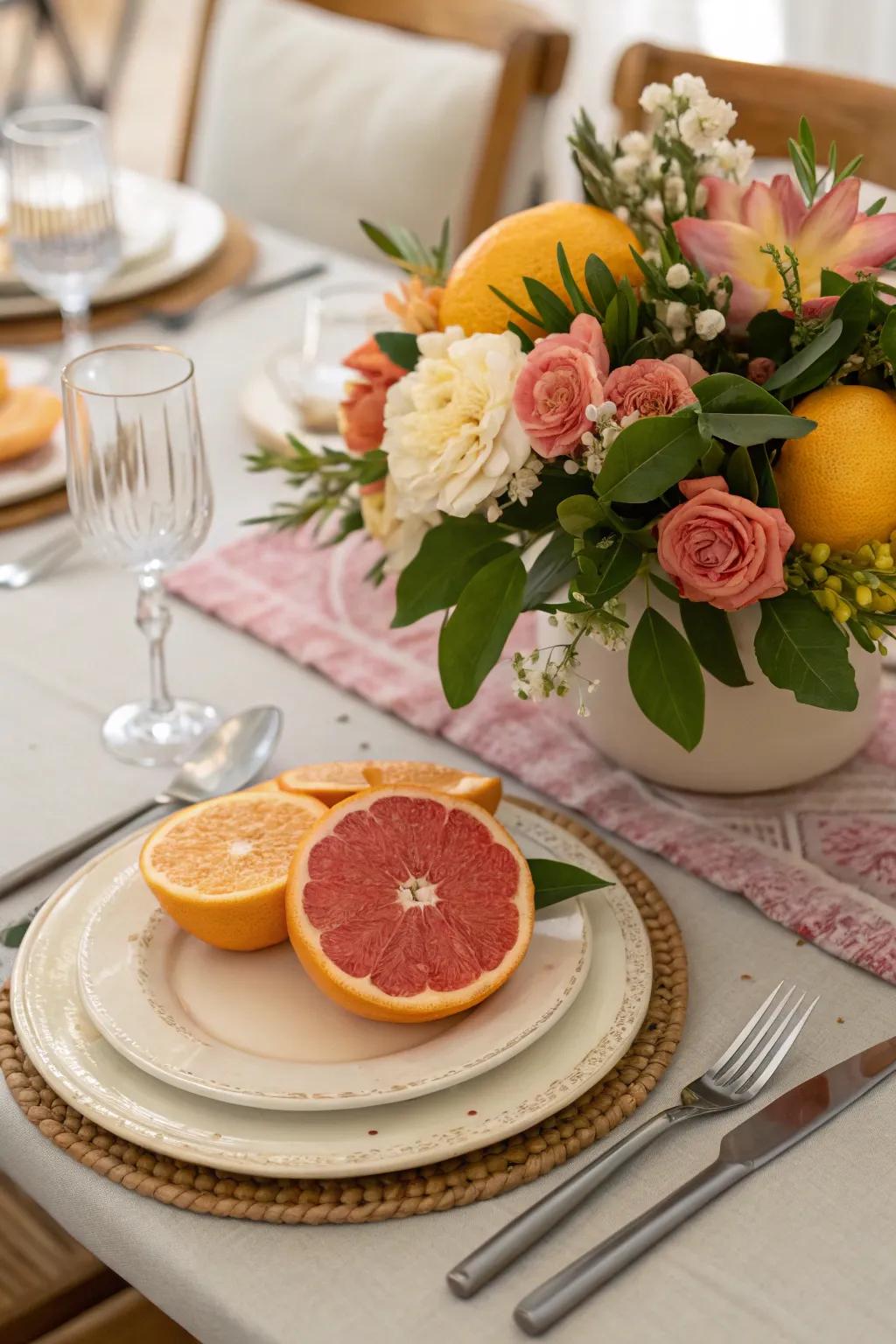 Refreshing citrus and floral centerpiece, adding a vibrant and fragrant detail to your table.