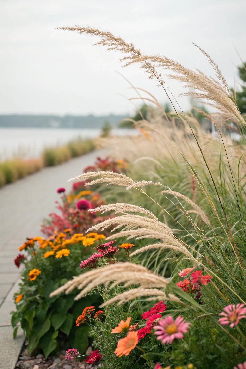 A textured floral perimeter featuring ornamental grasses that infuse movement and elegance.