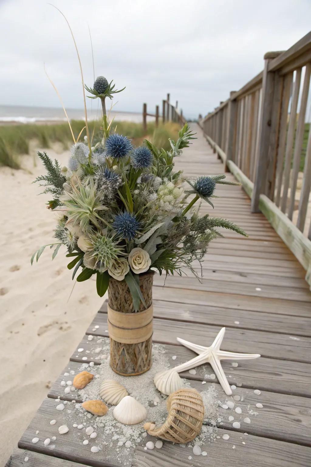 A seaside arrangement bringing the ocean's charm to a cozy porch.