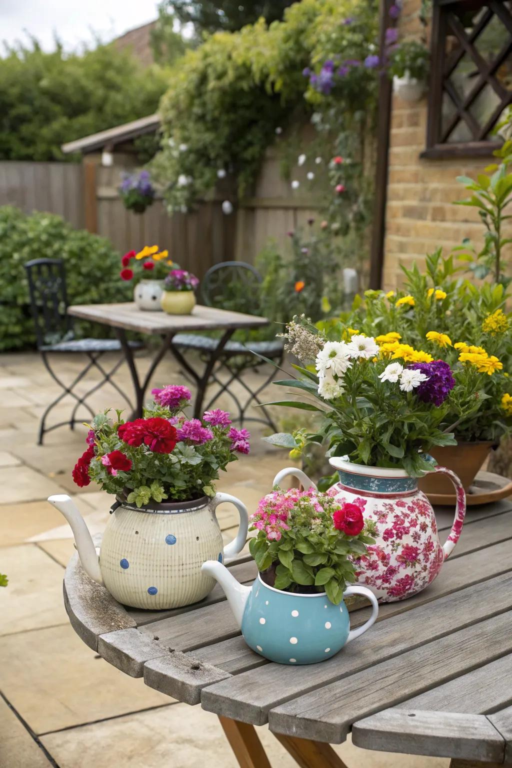 Introduce a whimsical twist using tea flask planters.