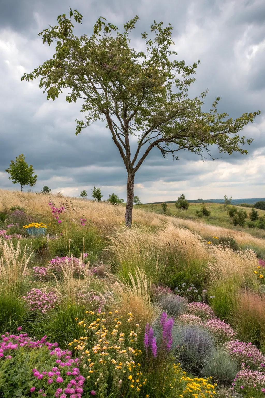 A field-inspired design with grasses and wildflowers encircles this tree.