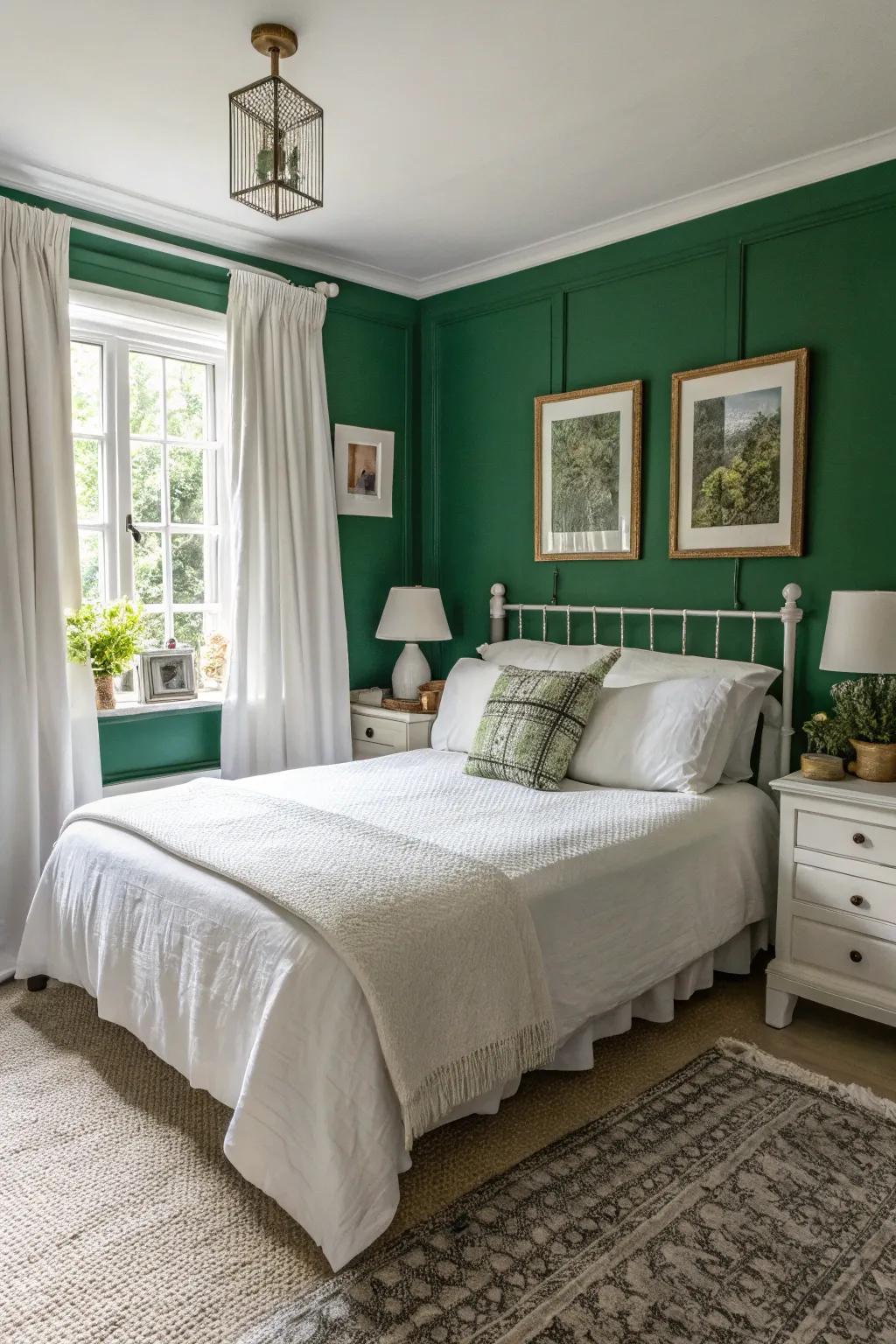 White elements compare beautifully with deep forest green.