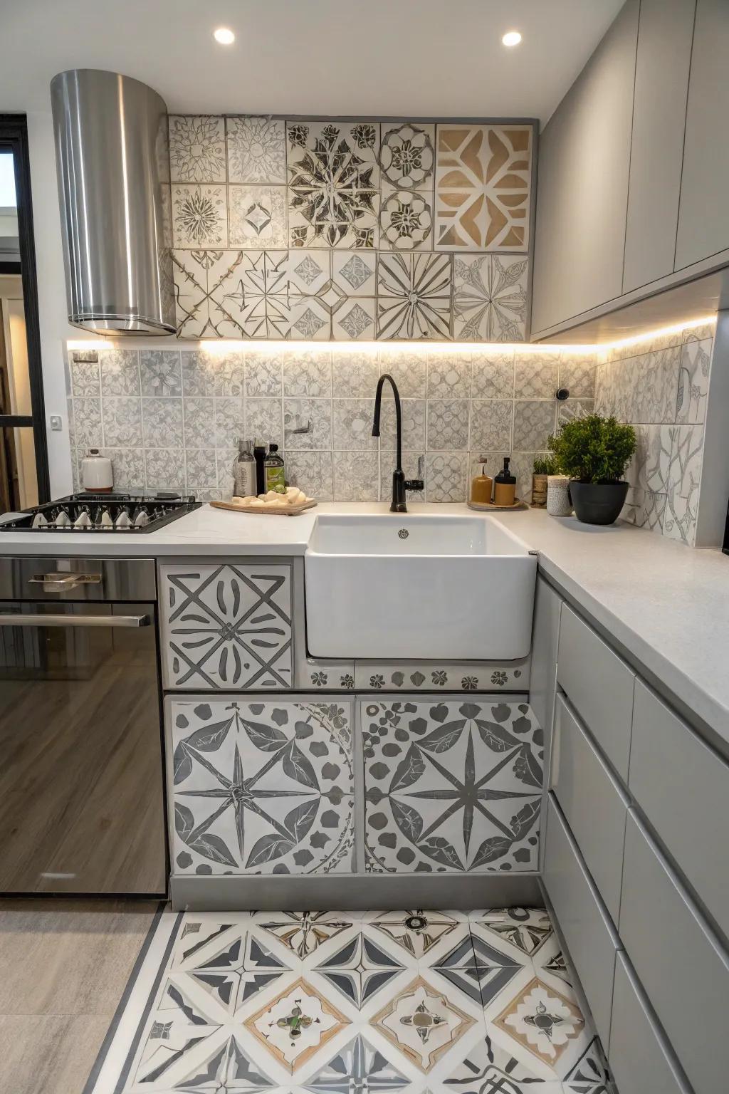 A modern kitchen area including geometric patterns that improve a independent sink area.