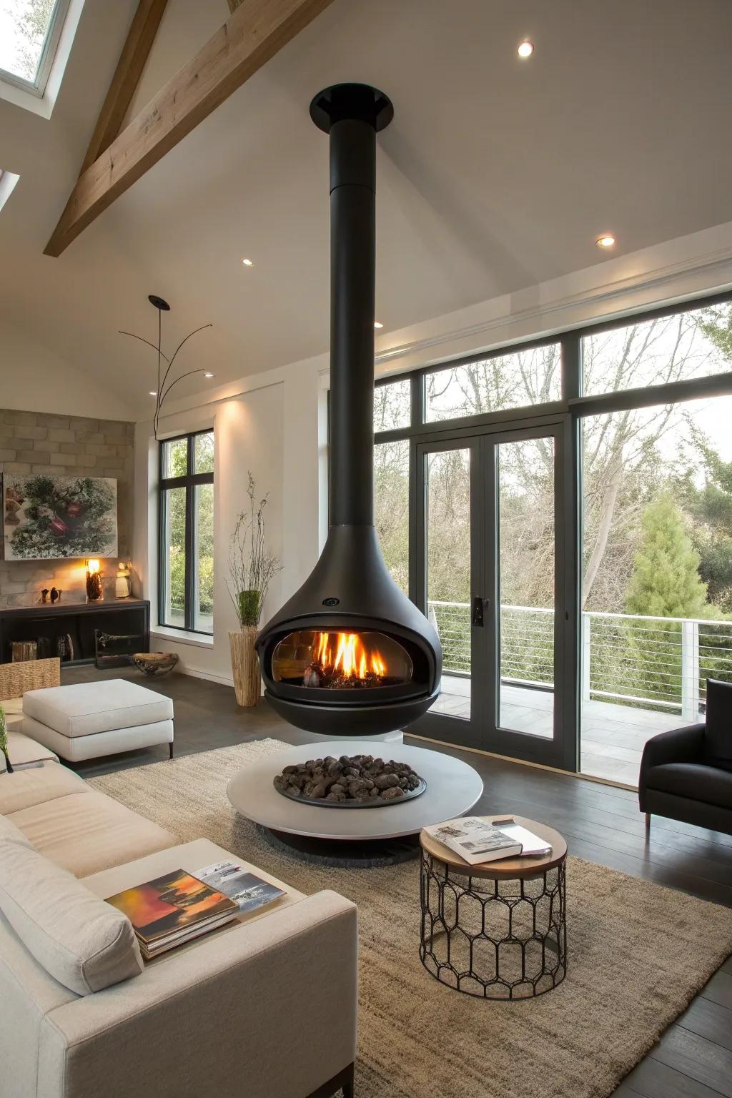 The space is given a contemporary feel by the floating fireplace.
