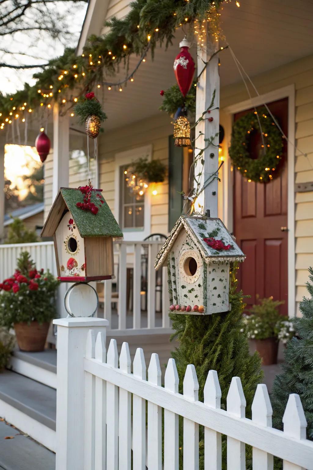 Avian houses add a quirky accent to your holiday porch decor.