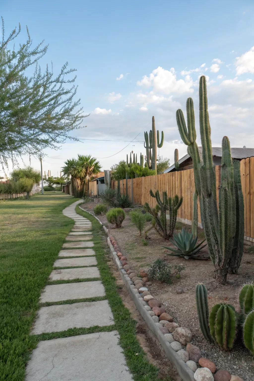 Desert plants creating natural fences along pathways.