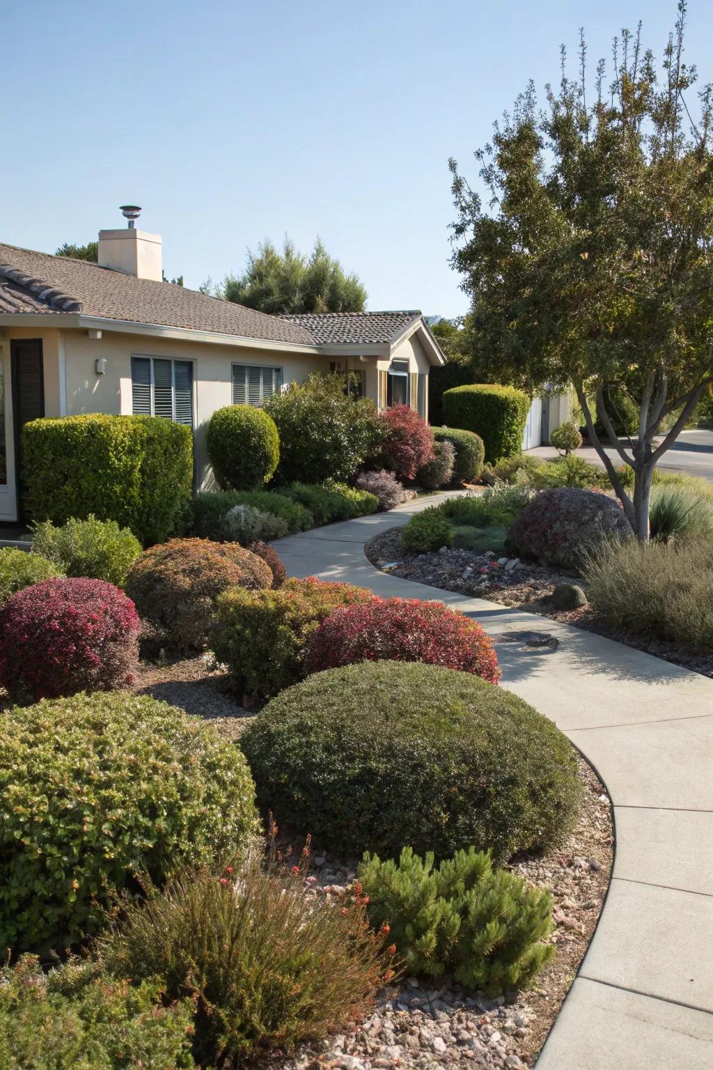 Shrubs framing a xeriscaped yard, adding privacy and ecological benefits.