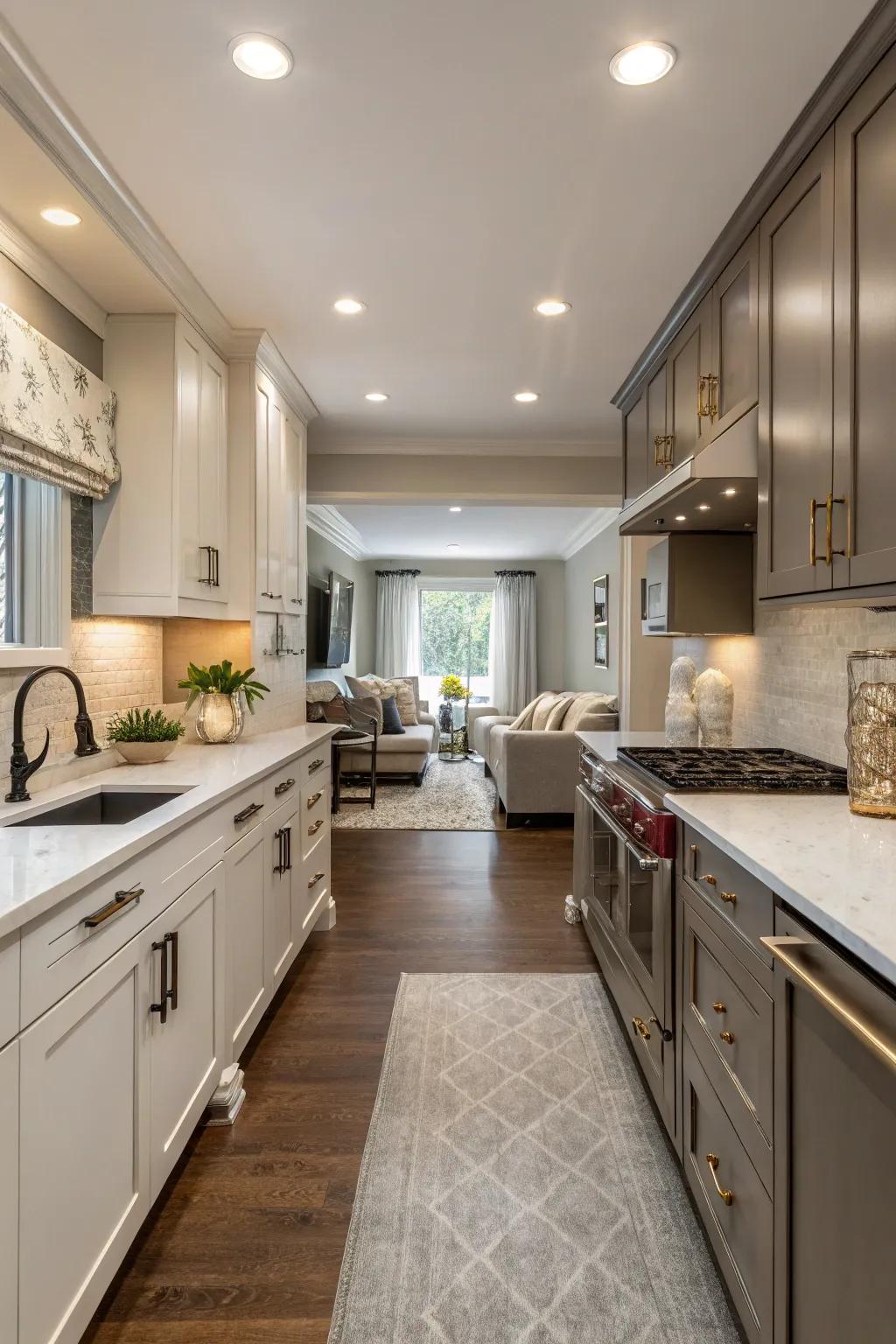 Two-tone cabinets make things more interesting to look at with a touch of class.