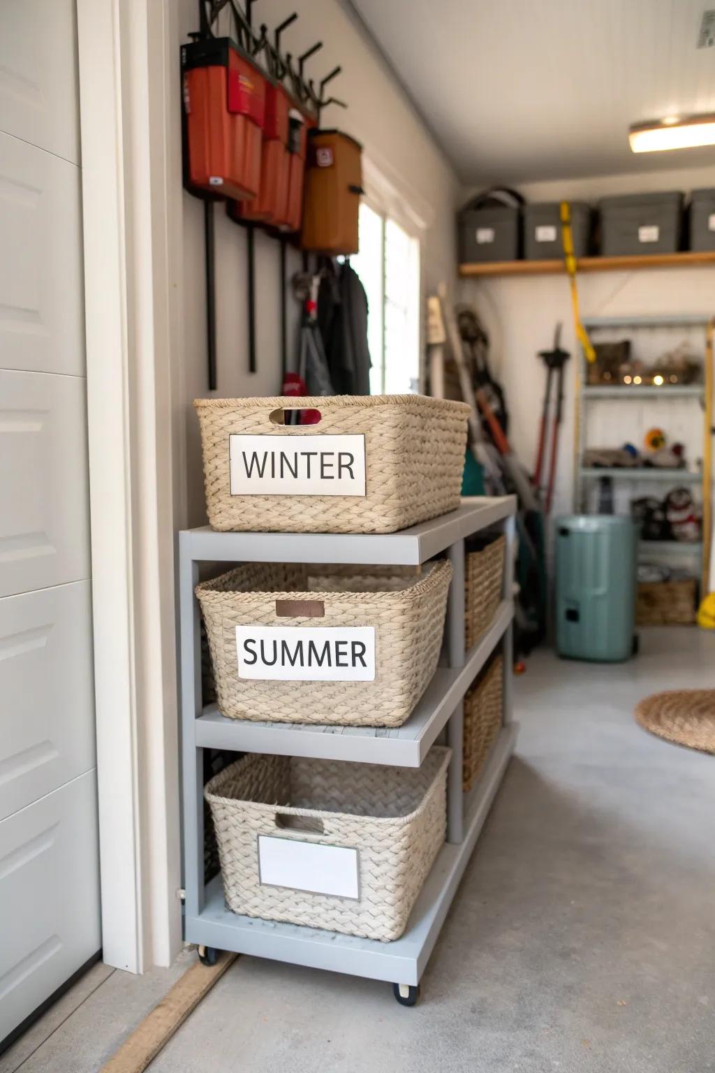 Seasonal storage solutions keep your mudroom organized and efficient.