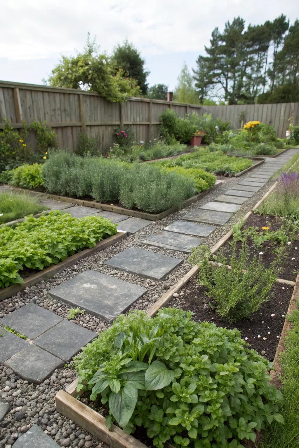 Organize your herb garden with defined pathways using stone fragments.
