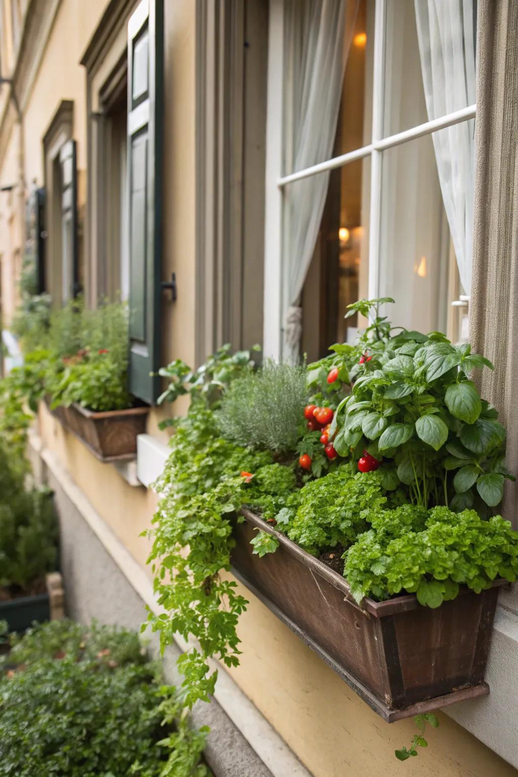 Window boxes featuring spices and vegetables adorning a window.