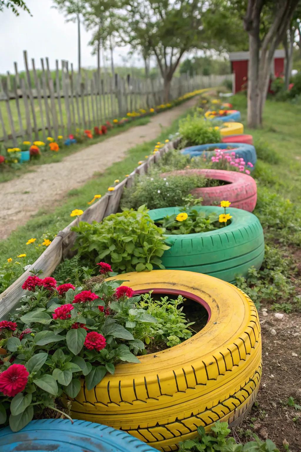Upcycled tire planters infuse a spatter of merriment and hue.