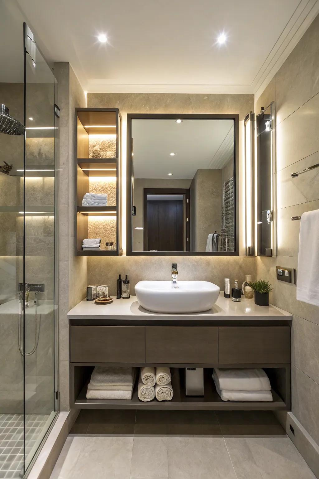 A modern bathroom features a smart mirror and contemporary fixtures.