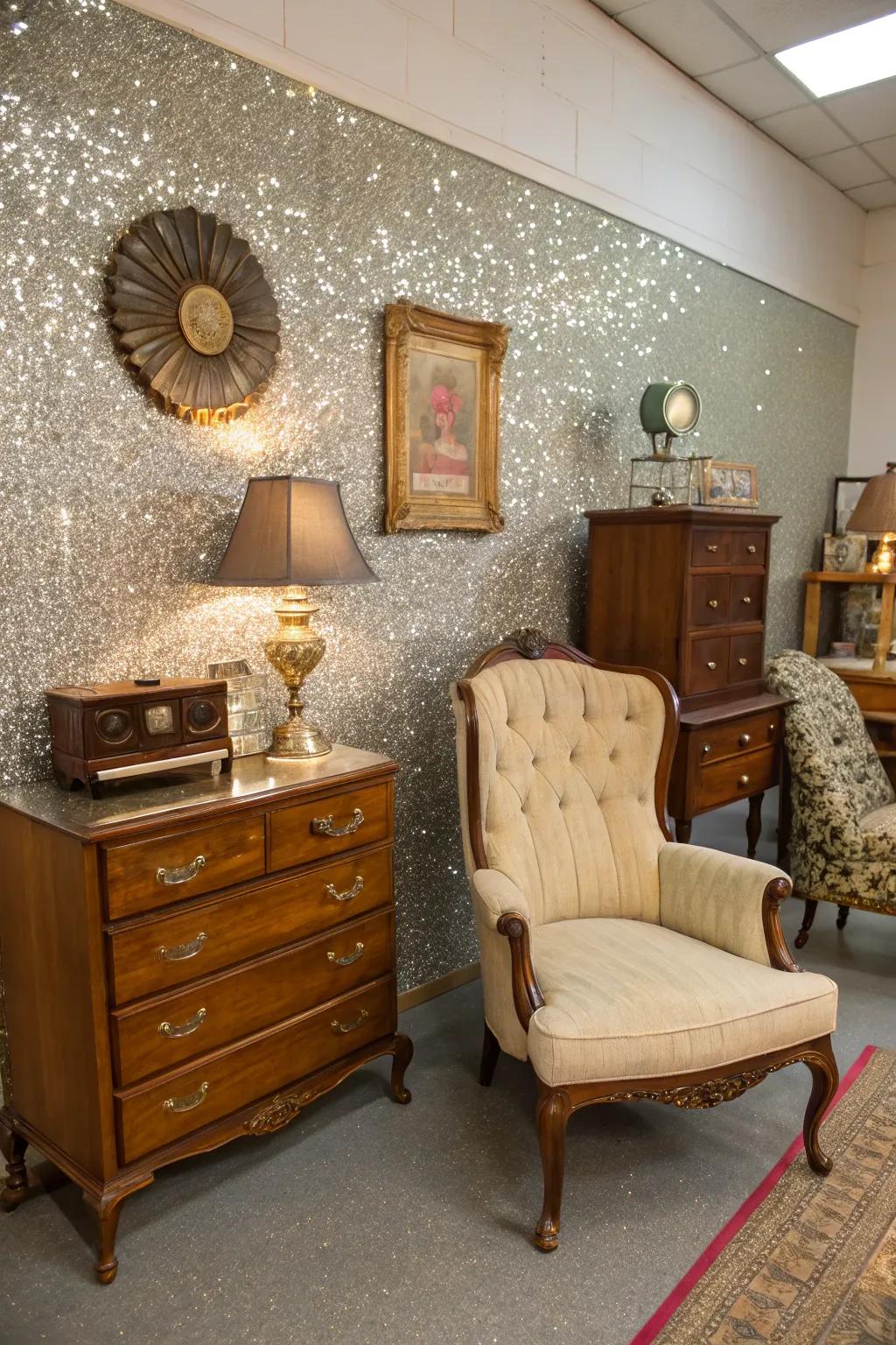 A <strong><em>glitter accent wall</em></strong> introduces classic glamour to a room.” loading=”lazy” class=”pimg”>
	</picture><figcaption>A <strong><em>glitter accent wall</em></strong> introduces classic glamour to a room.</figcaption></figure>
<p>Combine a <strong><em>glitter accent wall</em></strong> with vintage elements to achieve old-fashioned glamour. It’s a charming method for bringing the past’s nostalgia into your interior.</p>
<h3>Some handy options:</h3>
<ul class=